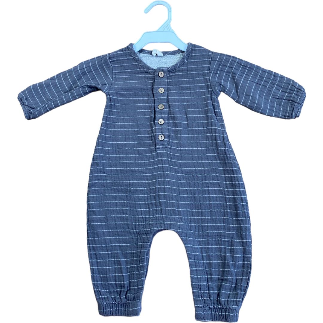 Quincy Mae Grey Muslin Stripe Romper (3/6M Neutral)