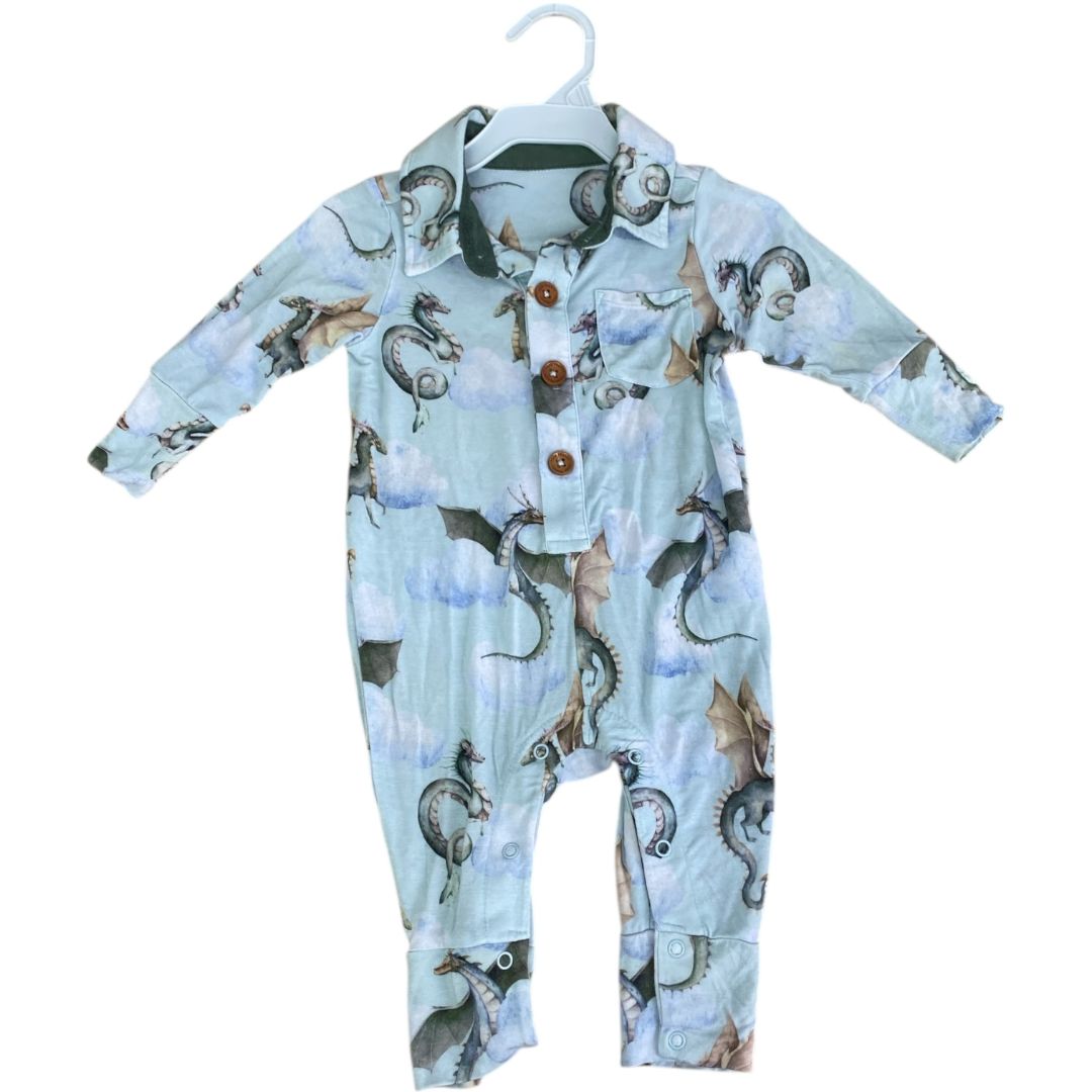 Posh Peanut Blue Bamboo Dragon Romper (3/6M Boys)