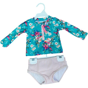 Ruffle Butts Teal Floral Rash Guard Swimsuit (6/12M Girls)