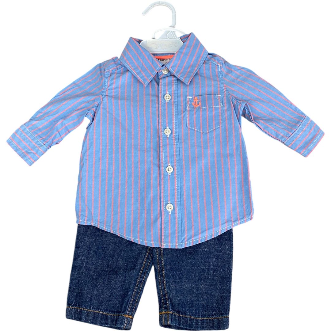 Carter's Blue Stripe Button Down & Jeans Set (3M Boy)