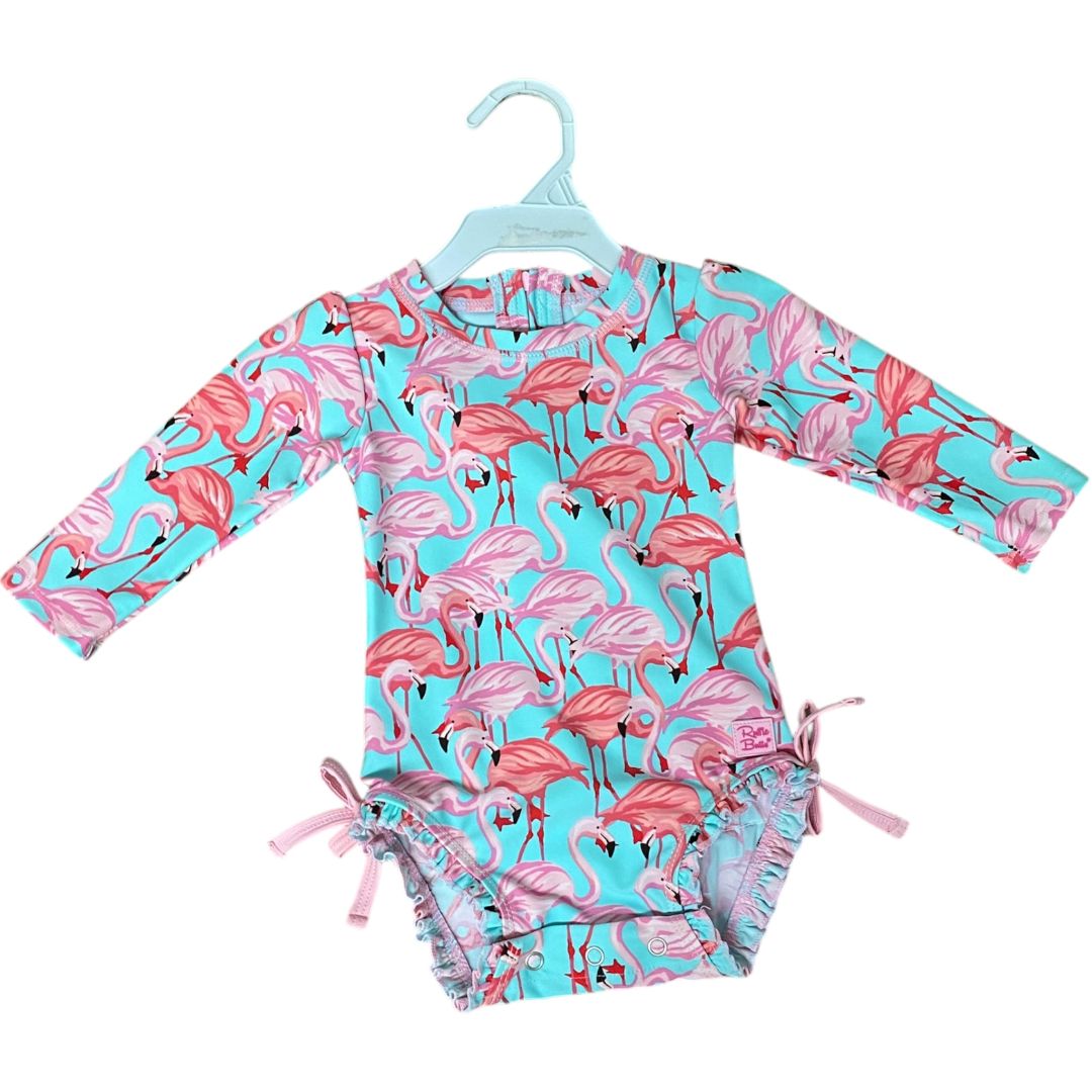 Ruffle Butts Blue Flamingo Rash Guard Swimsuit (6/12M Girls)