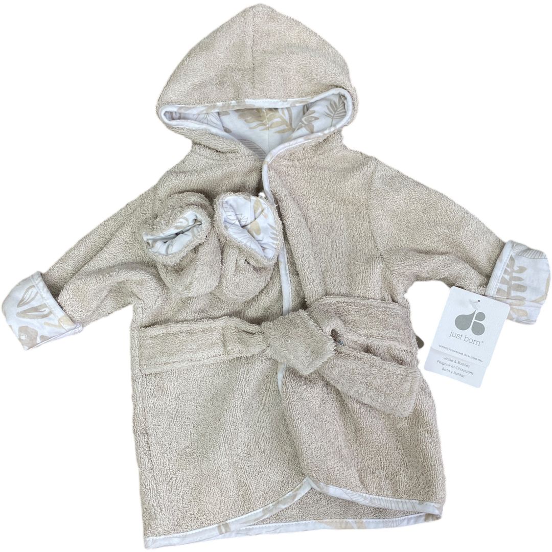 Just Born Tan Bath Robe & Slippers NWT (0/9M Neutral)