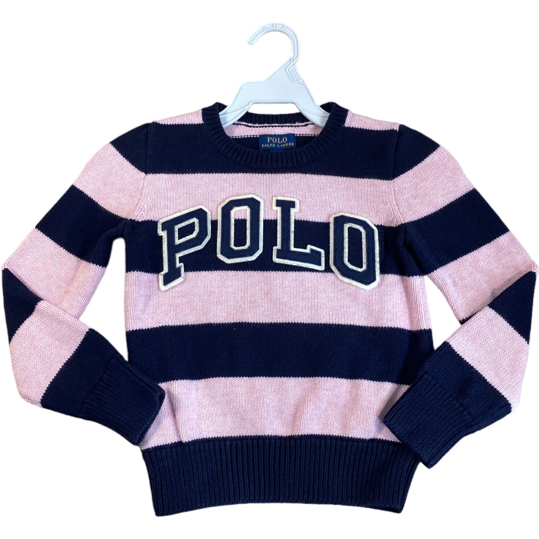 Ralph Lauren Navy & Pink Polo Stripe Crew Sweater (7 Girls)